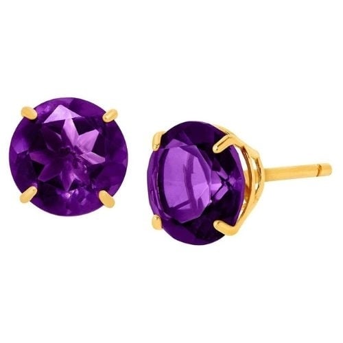 14k Yellow Gold Plated Created Amethyst Round Stud Earrings 6mm Purple Womens Image 1