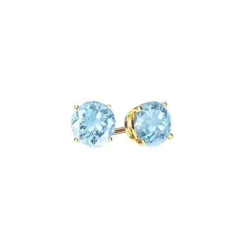 14k Yellow Gold Plated Aquamarine Round Stud Earrings 6mm Womens Jewelry Image 1