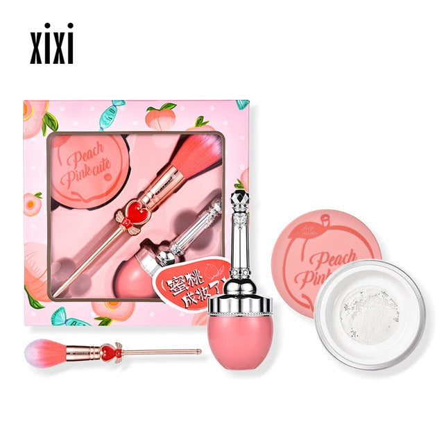 Honey Peach Lovely Heartbeat Beauty Makeup Set Loose Powder Liquid Blusher and Love Powder-Brush Long Lasting Matte Nude Image 2