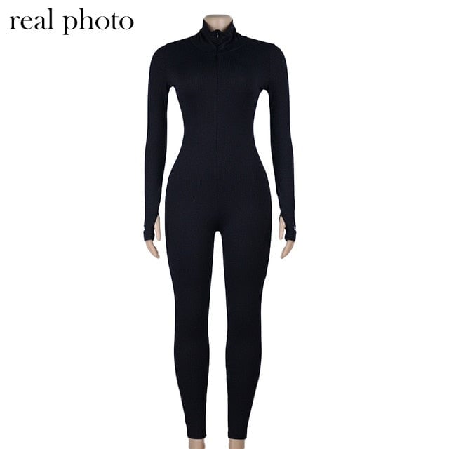 Simenual Workout Active Wear Ribbed Rompers Womens Jumpsuit Sporty Long Sleeve Fitness Embroidery Letter Print Zipper Image 2