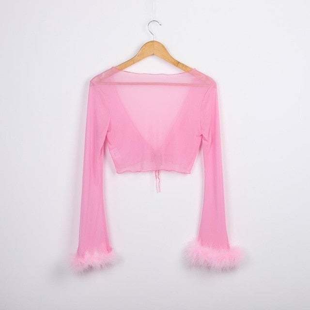 Tumblr Sexy See Through Pink Mesh Tracksuits Autumn Women Costume Two Piece Set Long Sleeve Fluffy Crop Top And Pants Image 2