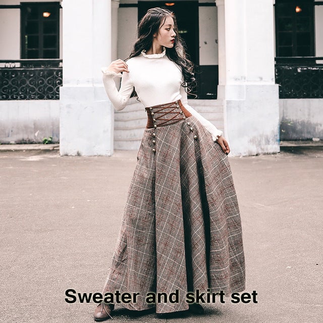 YOSIMI 2020 Sweater Skirt Set Full Sleeve Blouse Top and Woolen Plaid Skirt and Top Set Women Two Piece Outfits Image 3