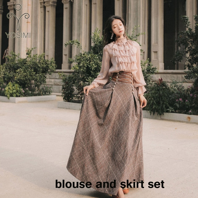 YOSIMI 2020 Sweater Skirt Set Full Sleeve Blouse Top and Woolen Plaid Skirt and Top Set Women Two Piece Outfits Image 4