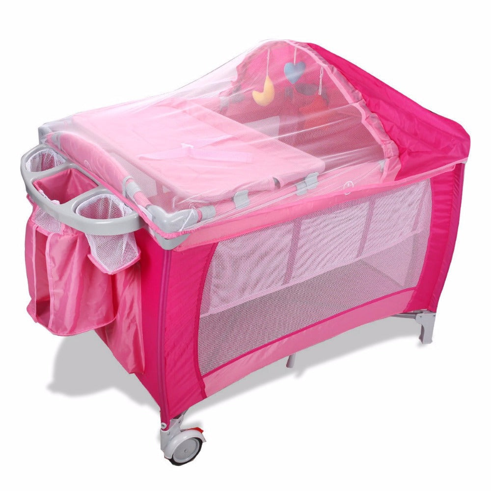 Goplus Portable Folding Baby Crib Multifunctional Child Bed Pink Blue Playpen Baby Cradle Bed with Mosquito Net and Bag Image 1