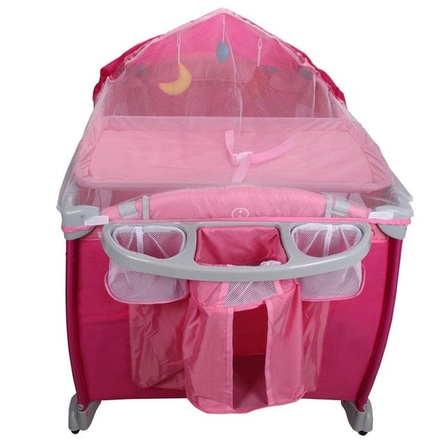 Goplus Portable Folding Baby Crib Multifunctional Child Bed Pink Blue Playpen Baby Cradle Bed with Mosquito Net and Bag Image 2