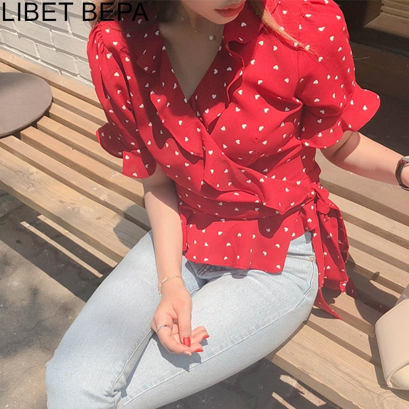 2020 Summer Women Blouse V-Neck Casual Fashionable Chiffon Shirt Lace Up Bow Lantern Sleeve Heart Ruffles Short Tops Image 1