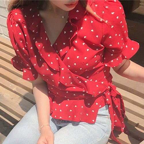 2020 Summer Women Blouse V-Neck Casual Fashionable Chiffon Shirt Lace Up Bow Lantern Sleeve Heart Ruffles Short Tops Image 2