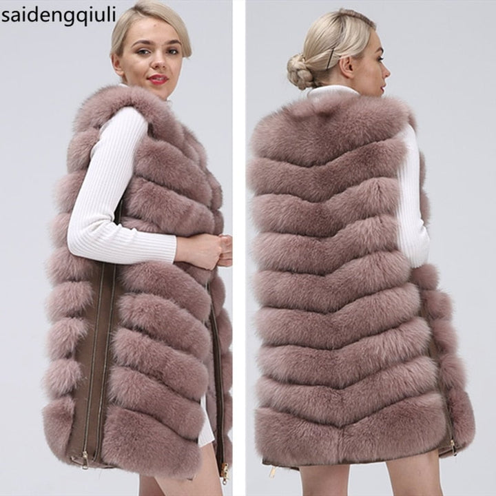 Natural fox faux coat vest 2019 zipper long coat winter warm coat natural faux true fox vest Image 1