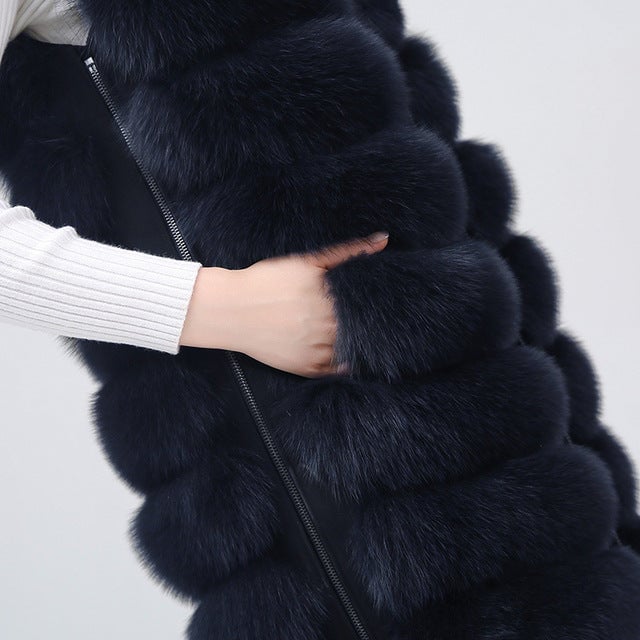 Natural fox faux coat vest 2019 zipper long coat winter warm coat natural faux true fox vest Image 4