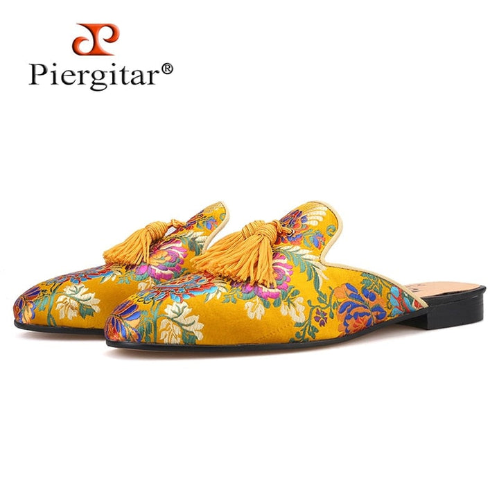 Piergitar gold-toned multi colors jacquard silk Men Mules with matching fringed tassels handcrafted mens slippers plus Image 1