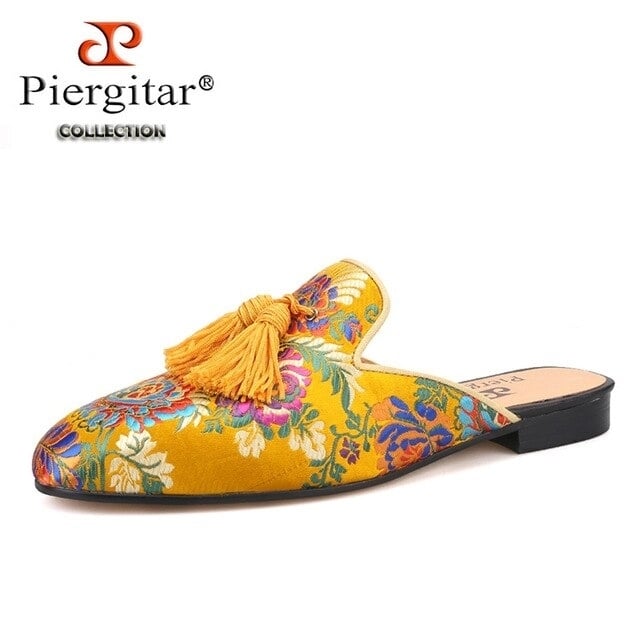 Piergitar gold-toned multi colors jacquard silk Men Mules with matching fringed tassels handcrafted mens slippers plus Image 2