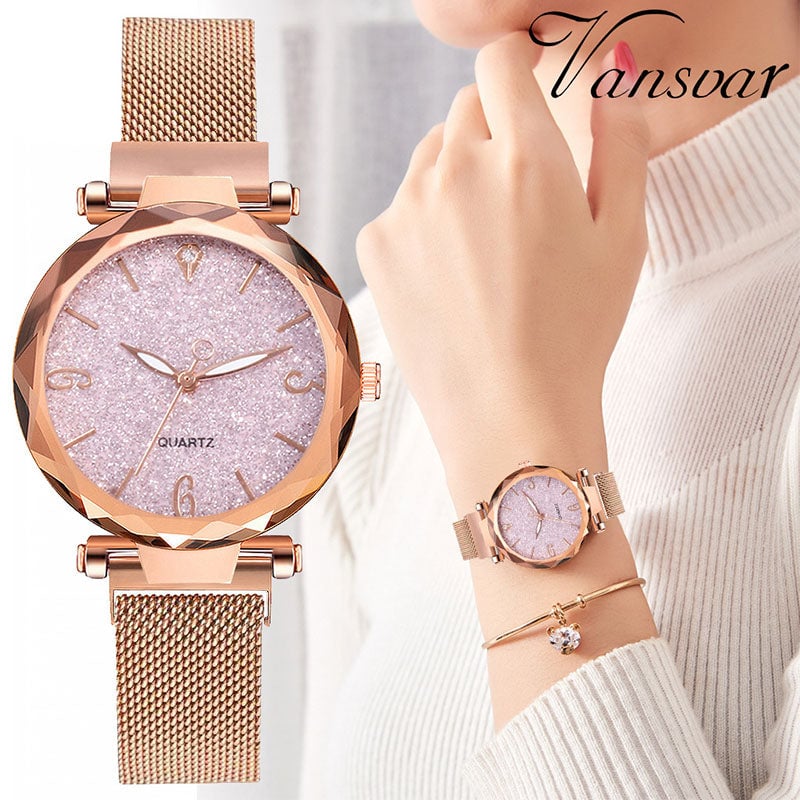 Rose Gold Women Watch 2019 Top Brand Luxury Magnetic Starry Sky Lady Wrist Watch Mesh Female Clock Image 1