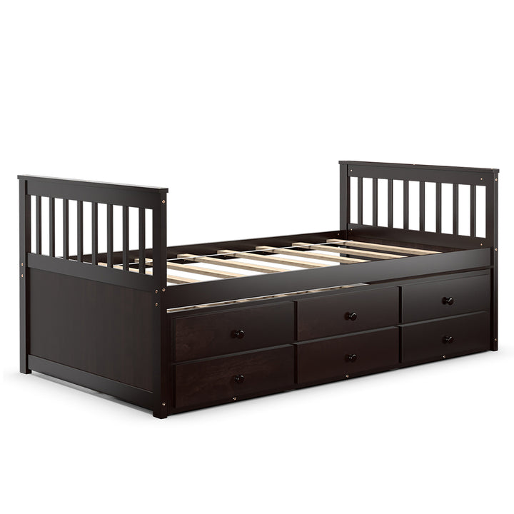 Twin Captains Bed Bunk Bed Alternative w/ Trundle and Drawers for Kids WalnutEspressoWhite Image 6