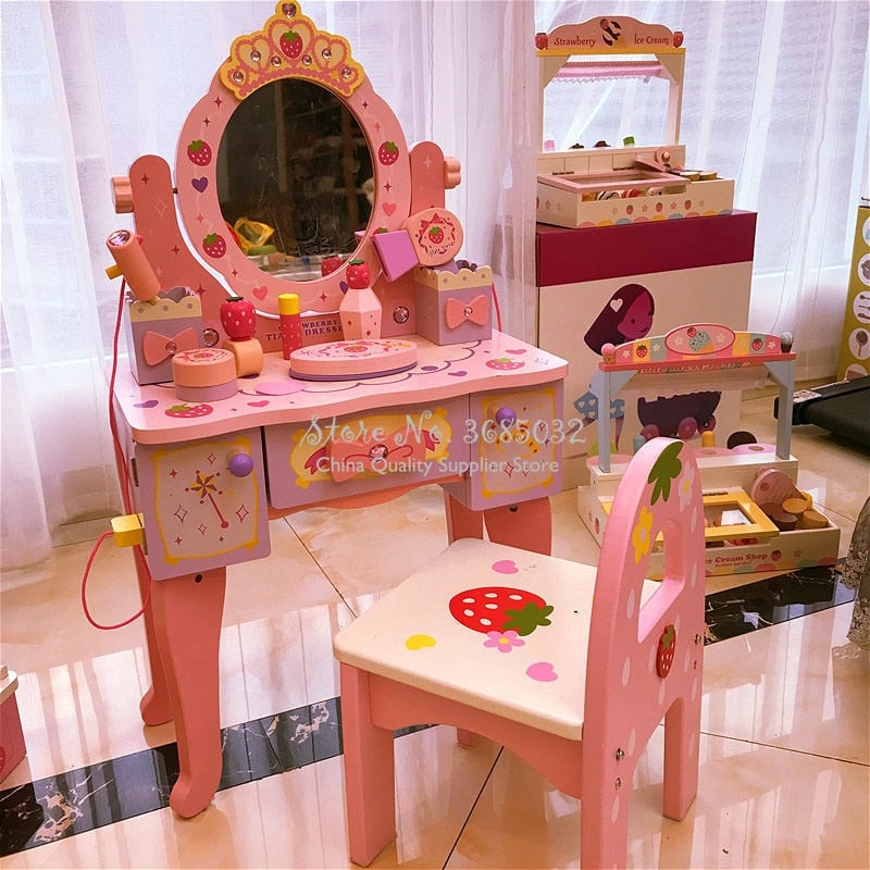 Pink Simulation Princess Dressing Table and chair Childrens Dressers For 3-6 Years Old Home Wooden Toy Girls Child Image 1