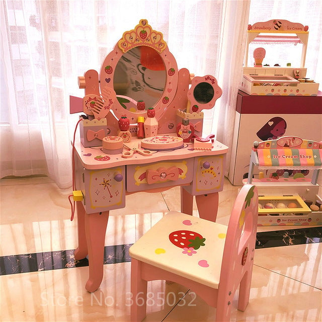 Pink Simulation Princess Dressing Table and chair Childrens Dressers For 3-6 Years Old Home Wooden Toy Girls Child Image 3