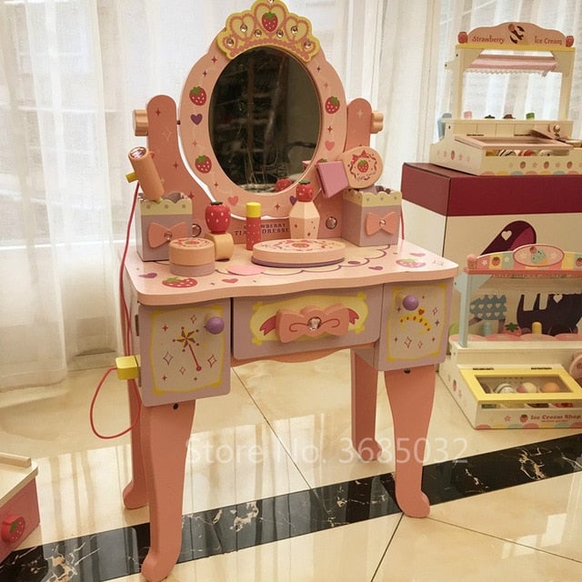 Pink Simulation Princess Dressing Table and chair Childrens Dressers For 3-6 Years Old Home Wooden Toy Girls Child Image 8