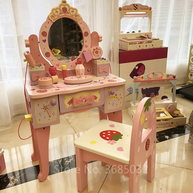 Pink Simulation Princess Dressing Table and chair Childrens Dressers For 3-6 Years Old Home Wooden Toy Girls Child Image 9