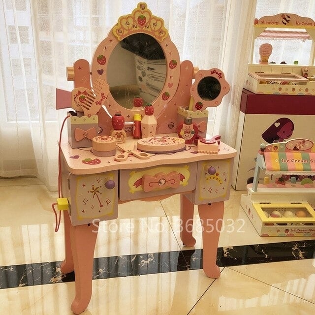 Pink Simulation Princess Dressing Table and chair Childrens Dressers For 3-6 Years Old Home Wooden Toy Girls Child Image 10