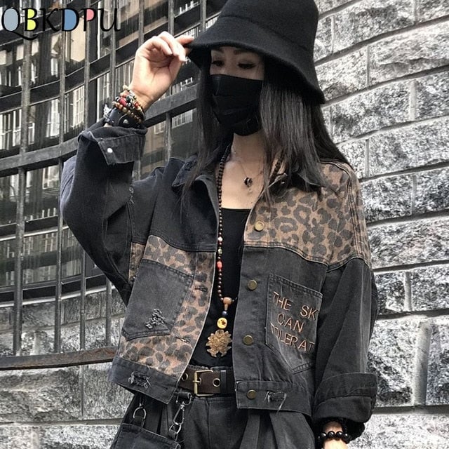 Vintage Black Leopard Women Denim Jacket Spring Harajuku Punk Jean Jackets Coat Boyfriend Loose Pocket Fashion Image 2