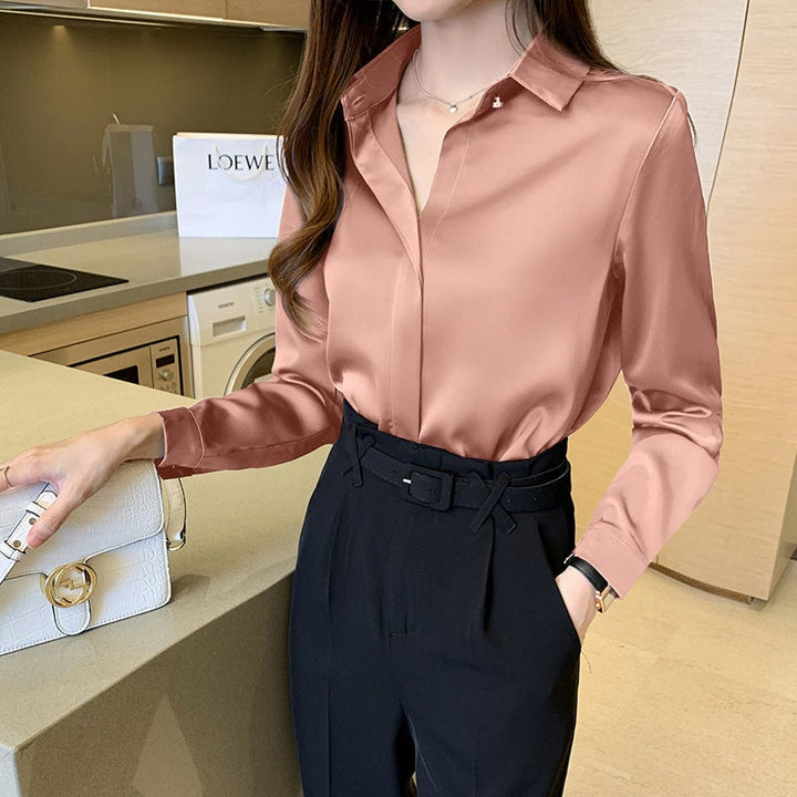 Summer Ice Silk Knitted Tops Short Sleeve Solid Bright Office Lady Work Causal Silk Shirts Korean Japan Slim Knitwear Image 7