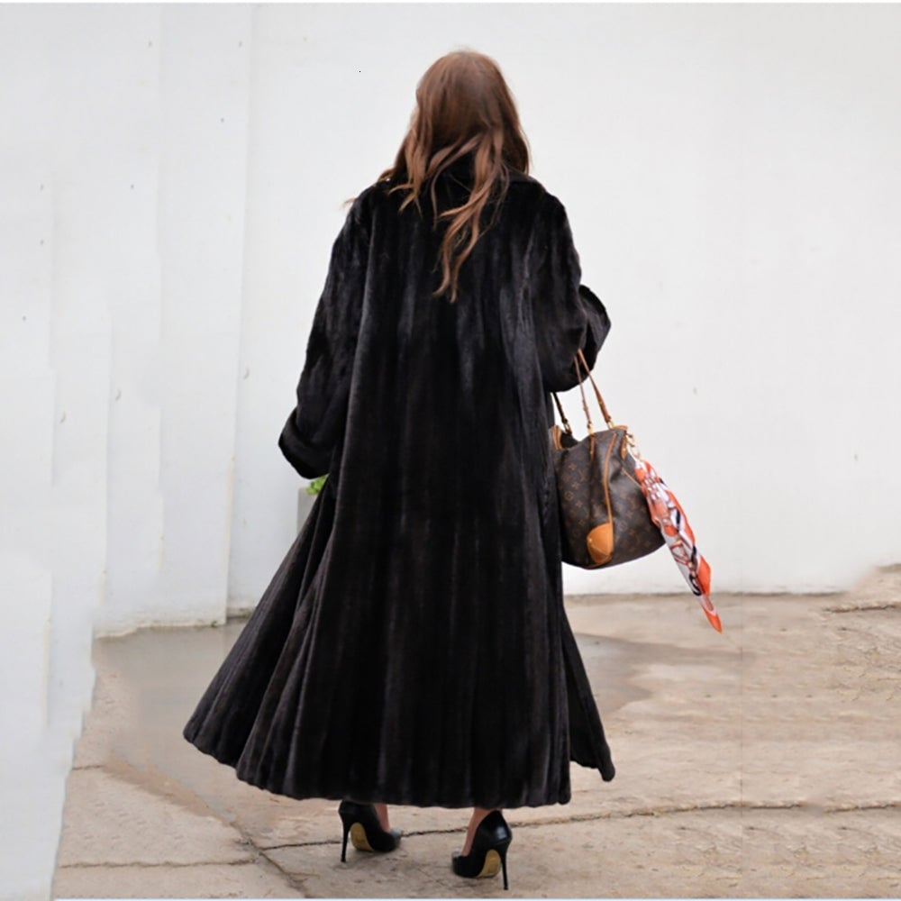 x-long real mink coat with turn-down collar black color with belt length 105cm woman natural mink faux coat Image 6