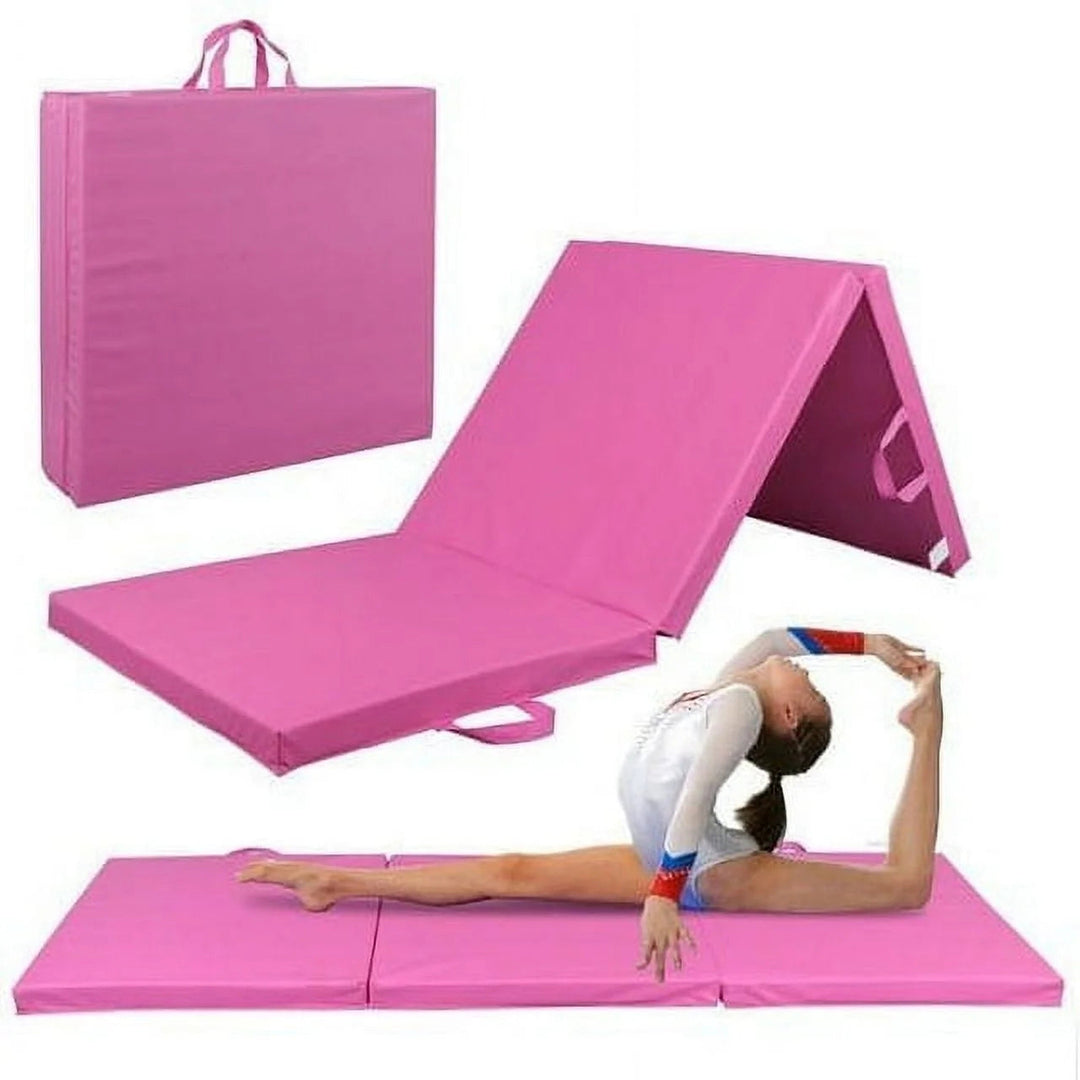 6 Ft. X 2 Ft. X 2 In. Tri-Fold Gymnastic Folding Exercise Aerobics Pink Stretching Yoga Mat Image 1