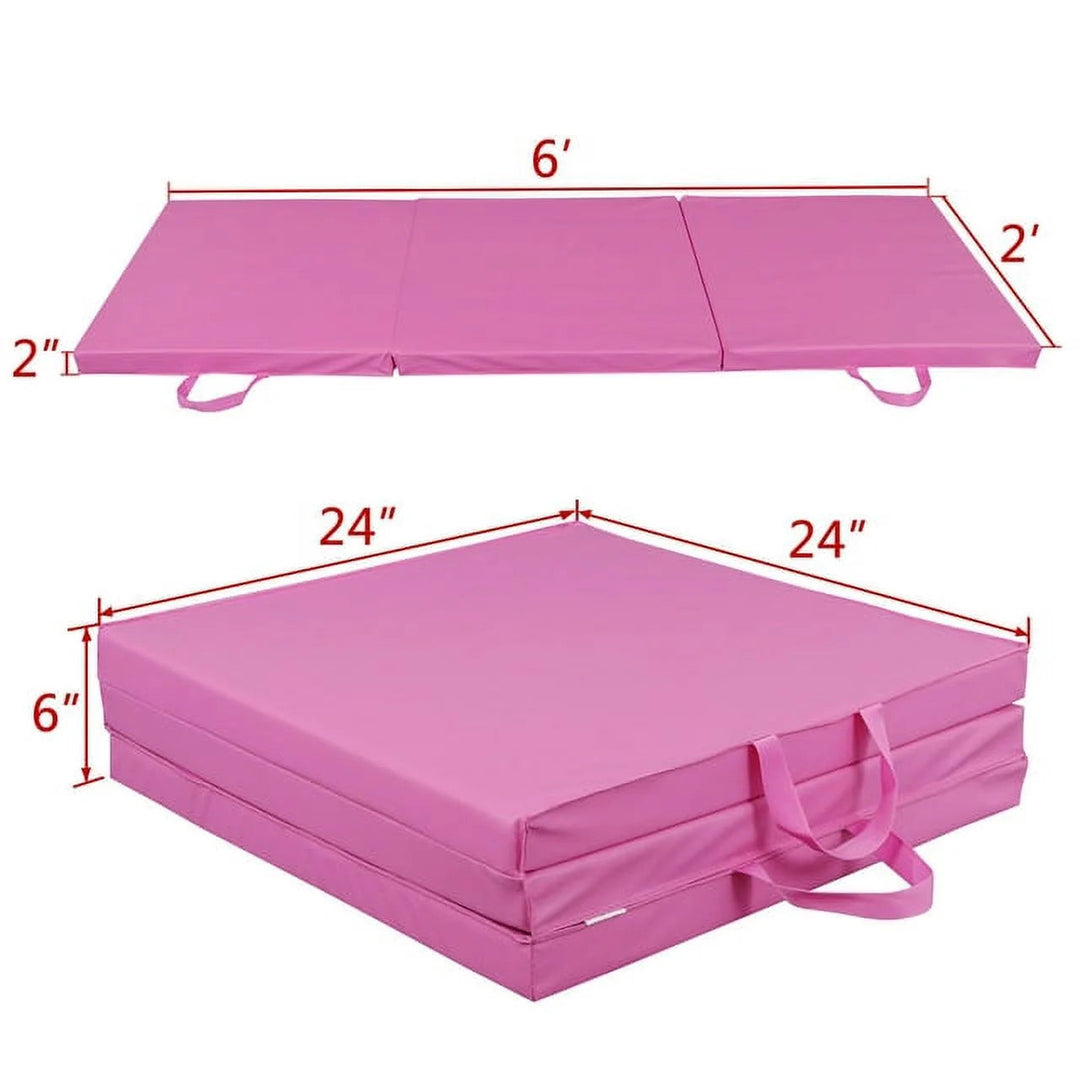 6 Ft. X 2 Ft. X 2 In. Tri-Fold Gymnastic Folding Exercise Aerobics Pink Stretching Yoga Mat Image 6