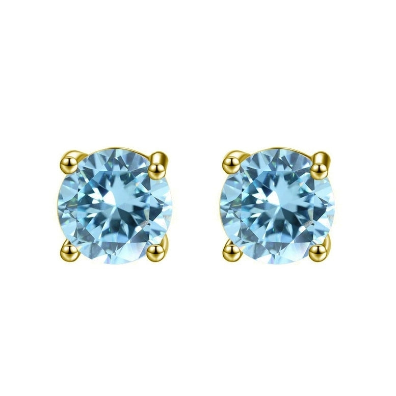 14k Yellow Gold Plated Round Blue Topaz Stud Earrings 6mm for Women Image 1