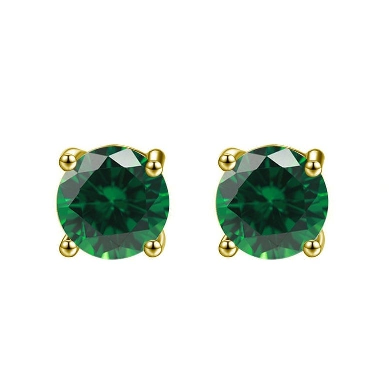 14k Yellow Gold Plated Created Emerald Round Stud Earrings 6mm for Women Image 1