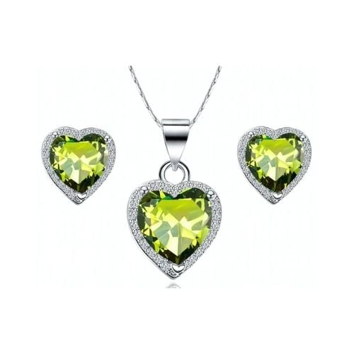 Paris Jewelry 18k White Gold Plated Heart Peridot Necklace Earrings Set 4Ct 18Inch Image 1