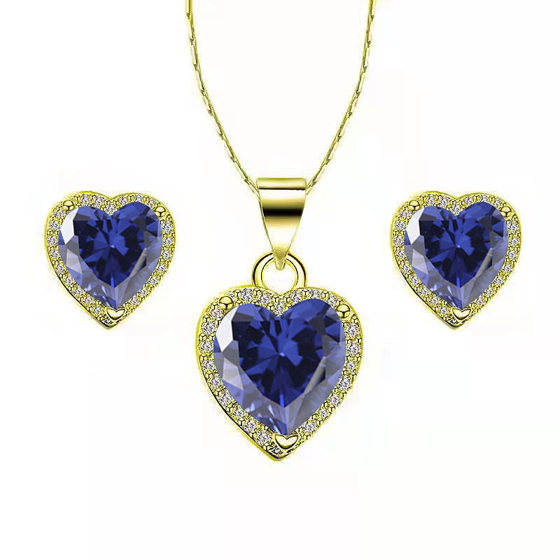 Paris Jewelry 18k Gold Plated Heart Blue Sapphire Necklace Earrings Set 18 Inch Image 1