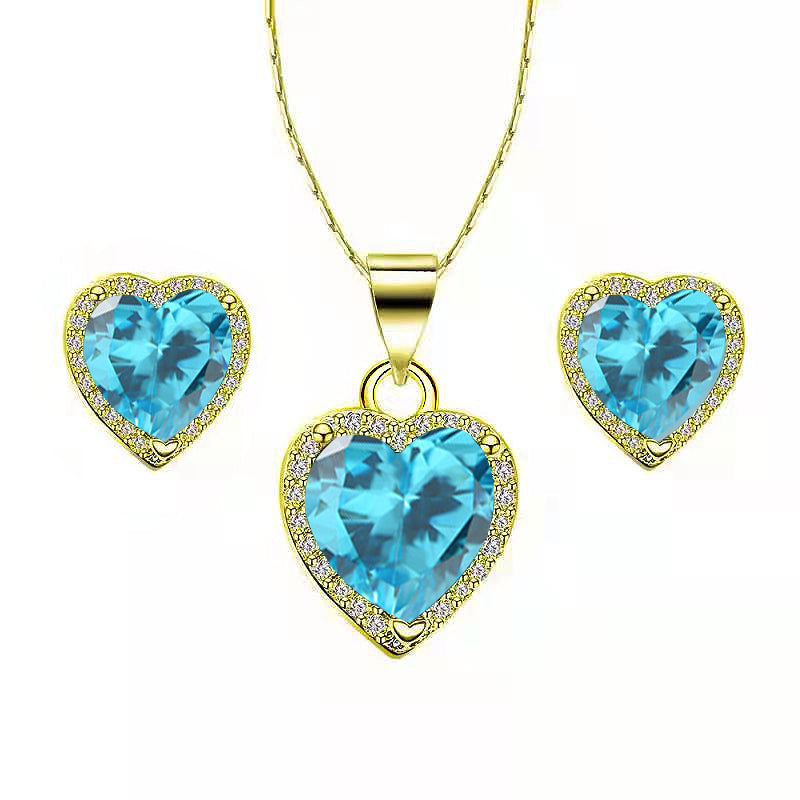 Paris Jewelry 18k Yellow Gold Plated Blue Topaz Heart Necklace Earrings Set 18" Image 1