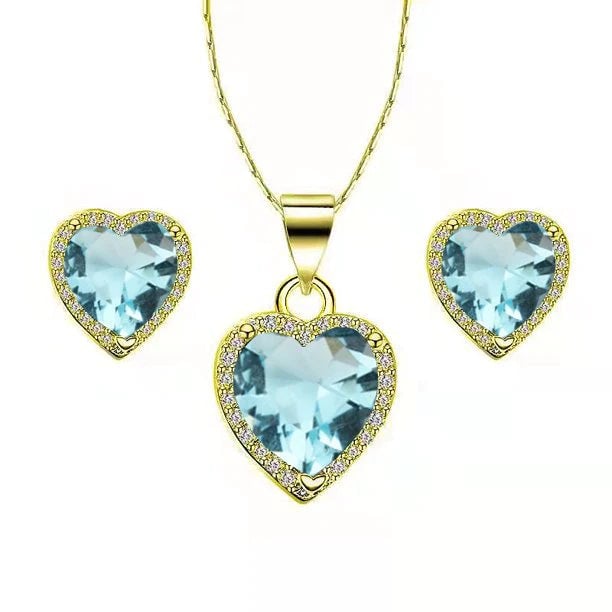 Paris Jewelry 18k Gold Plated Heart Necklace Earrings Set Aquamarine 4 Carat 18 Inch Image 1