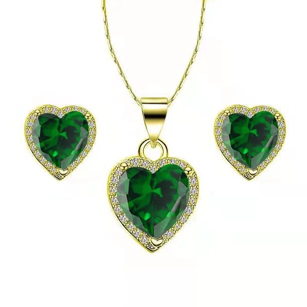 Paris Jewelry 18k Gold Plated Heart Necklace Earrings Created Emerald 4 Ct 18 Inch Image 1