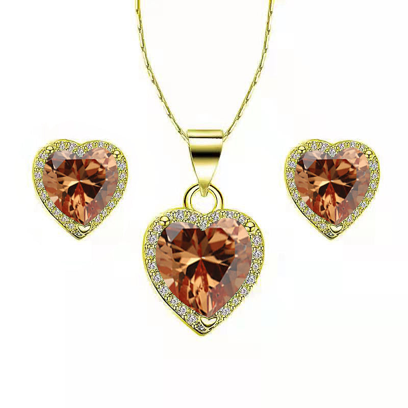 Paris Jewelry 18k Gold Plated Heart Set Necklace Earrings 4 Carat Champagne 18 Inch Image 1