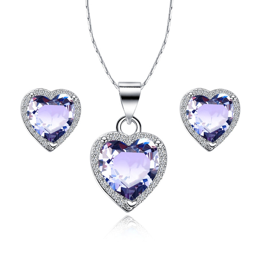 Paris Jewelry 18k White Gold Plated Heart Tanzanite Necklace Earrings Set 18 Inch Image 1