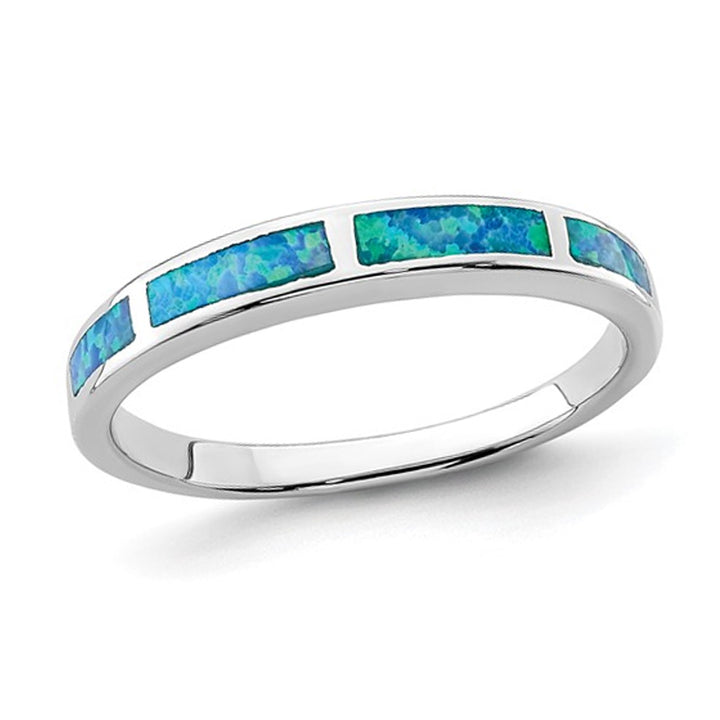 Lab Created Blue Opal Inlay Band Ring in Sterling Silver Image 1