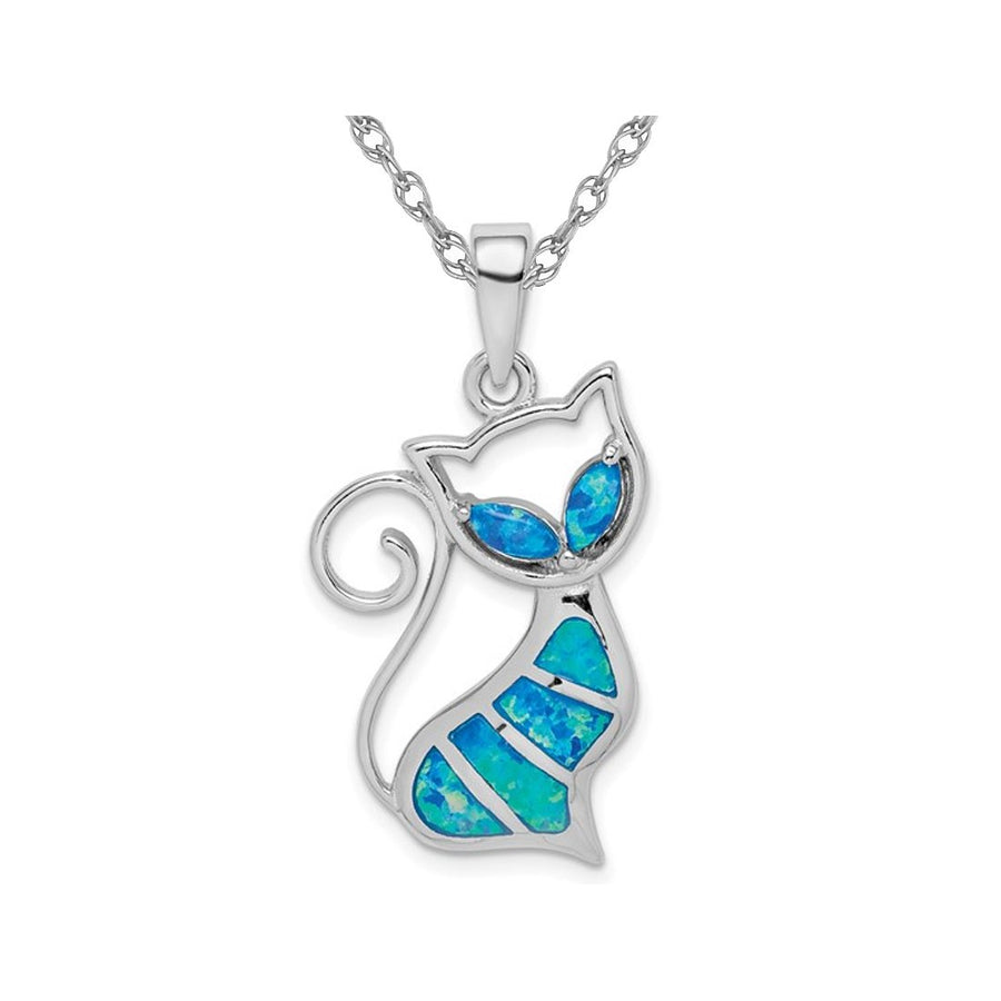 Lab-Created Blue Opal Cat Pendant Necklace in Sterling Silver with Chain Image 1