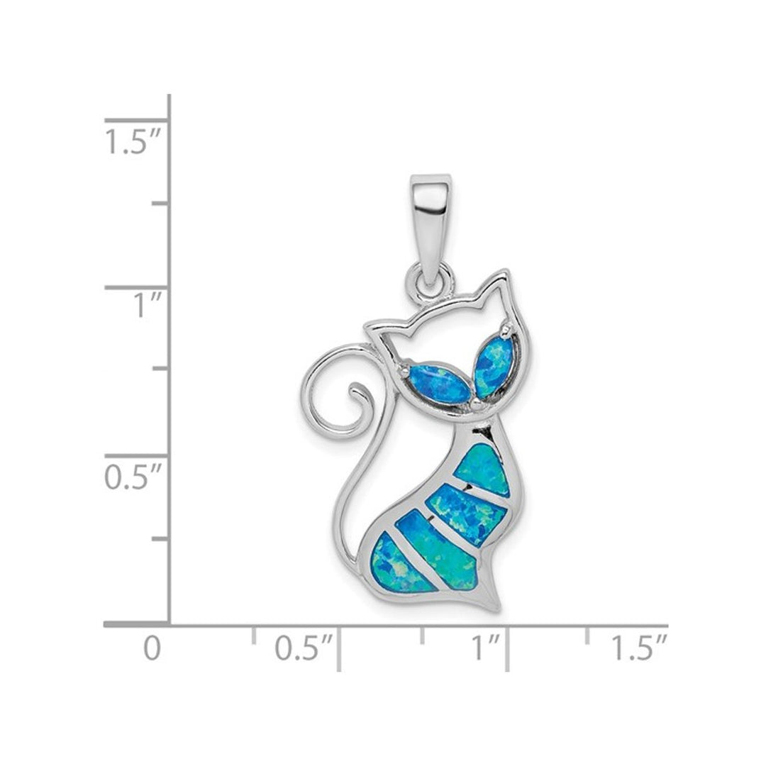 Lab-Created Blue Opal Cat Pendant Necklace in Sterling Silver with Chain Image 3