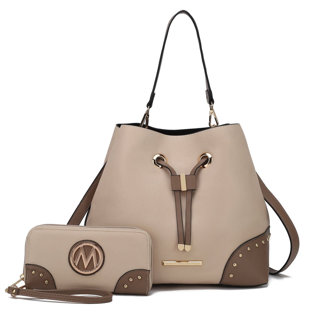 MKFCollection Bella Bucket Bag and Wallet Set - Vegan Leather Designer Handbag Image 2