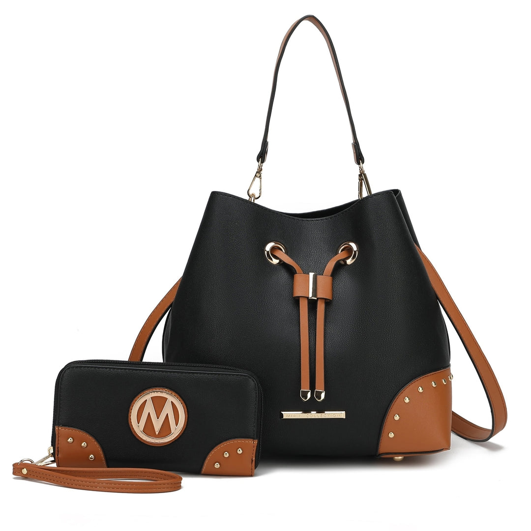 MKFCollection Bella Bucket Bag and Wallet Set - Vegan Leather Designer Handbag Image 3