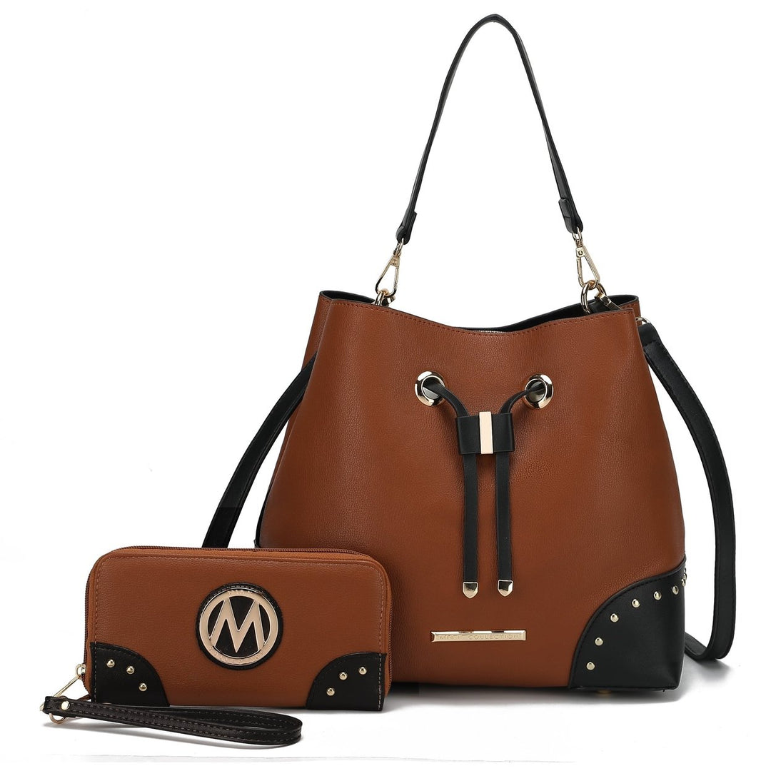 MKFCollection Bella Bucket Bag and Wallet Set - Vegan Leather Designer Handbag Image 7