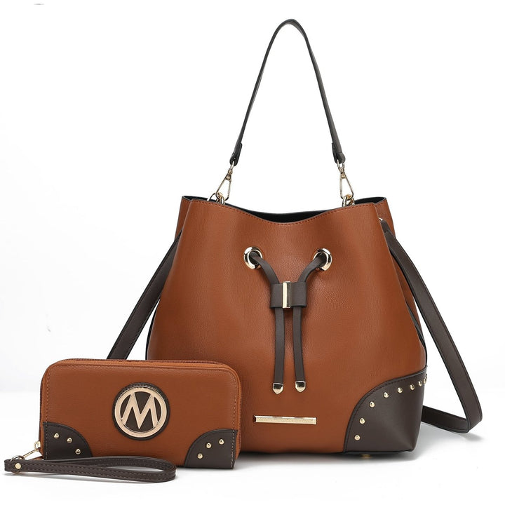 MKFCollection Bella Bucket Bag and Wallet Set - Vegan Leather Designer Handbag Image 8