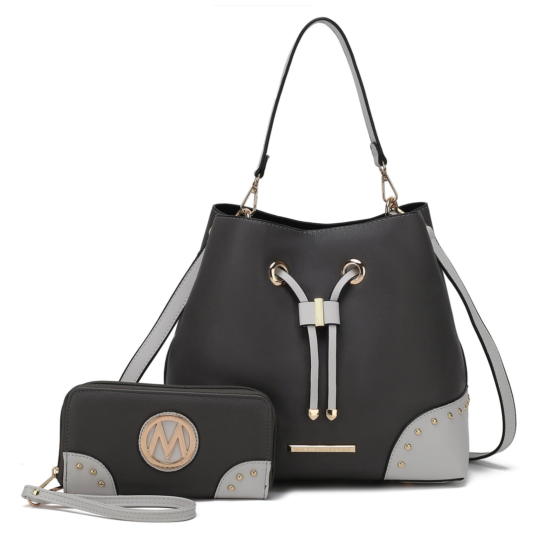 MKFCollection Bella Bucket Bag and Wallet Set - Vegan Leather Designer Handbag Image 9