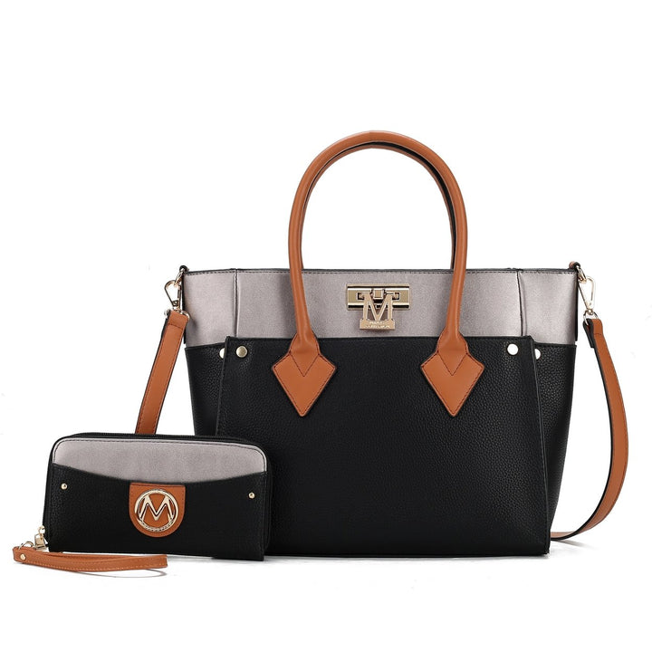 MKFCollection Brynlee Color-Block Tote Bag and Wallet Set - Vegan Leather Design Image 2