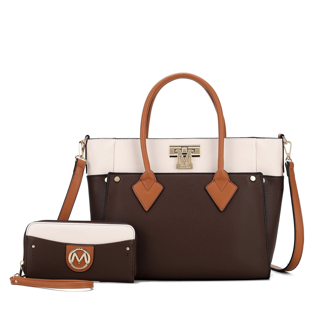 MKFCollection Brynlee Color-Block Tote Bag and Wallet Set - Vegan Leather Design Image 4