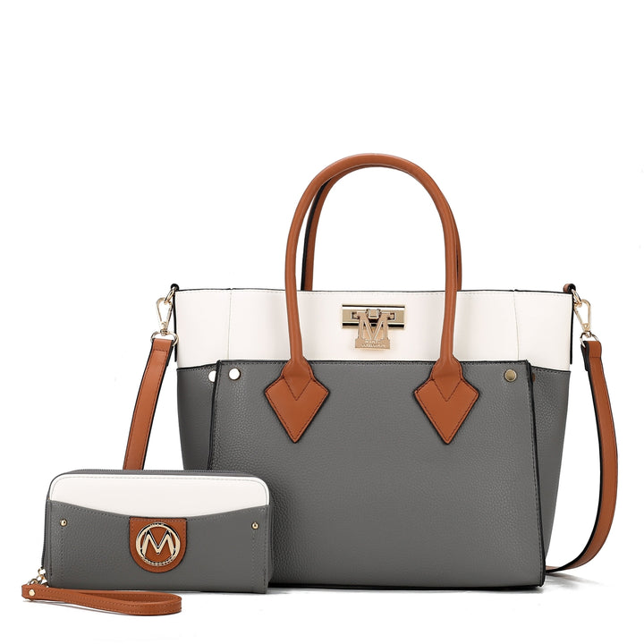 MKFCollection Brynlee Color-Block Tote Bag and Wallet Set - Vegan Leather Design Image 6