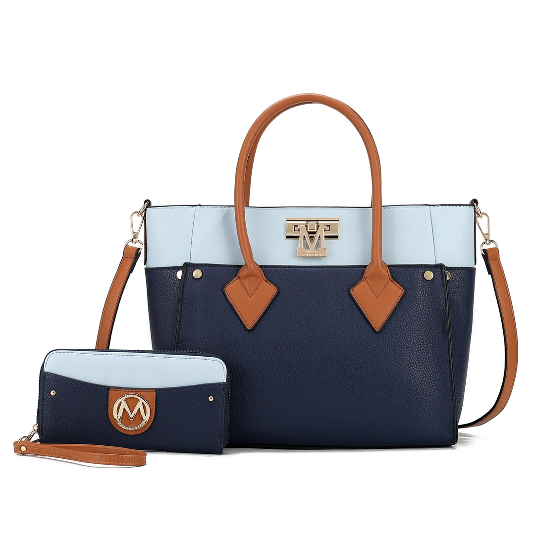 MKFCollection Brynlee Color-Block Tote Bag and Wallet Set - Vegan Leather Design Image 7