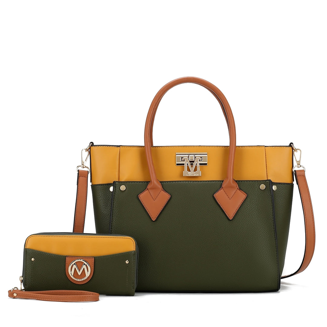 MKFCollection Brynlee Color-Block Tote Bag and Wallet Set - Vegan Leather Design Image 8