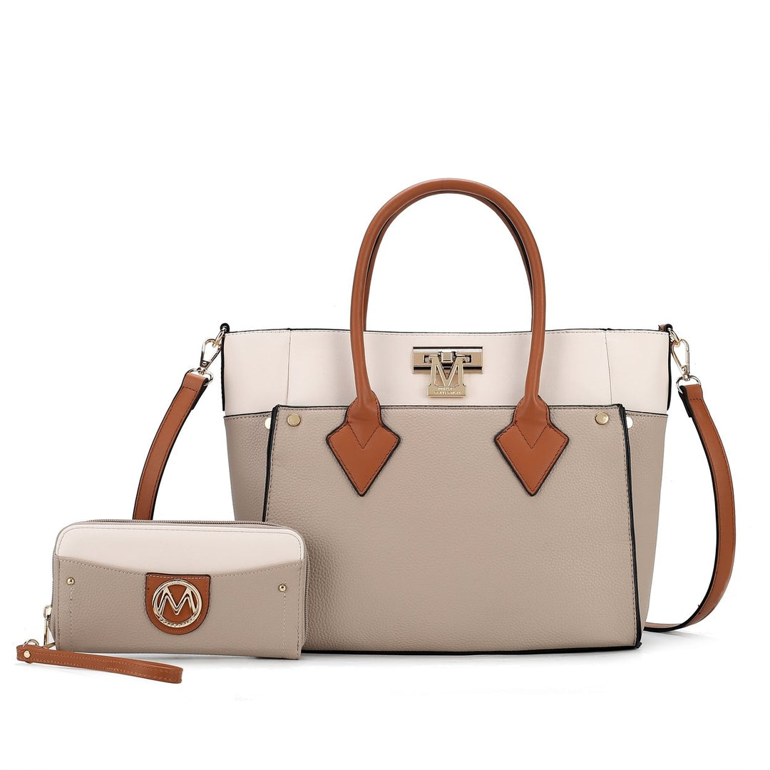 MKFCollection Brynlee Color-Block Tote Bag and Wallet Set - Vegan Leather Design Image 1